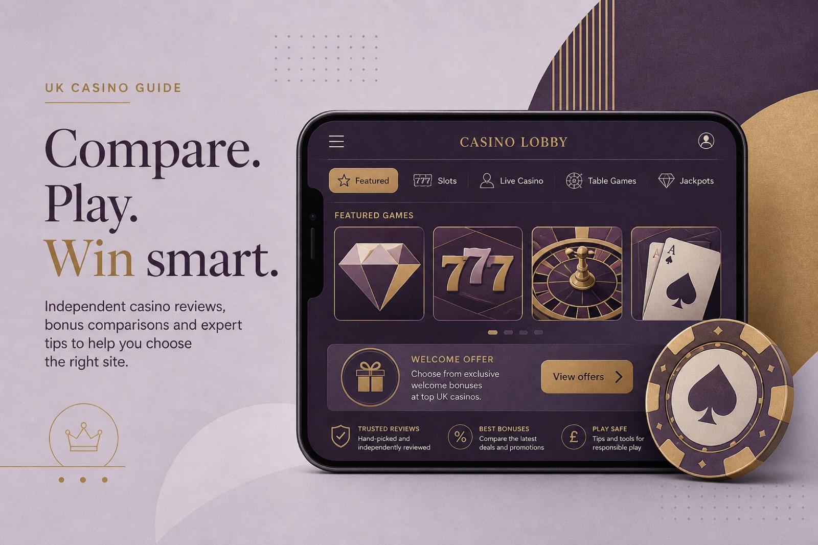 Stylised phone showing a generic casino lobby beside a brass chip