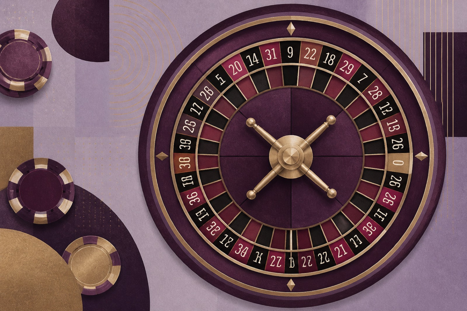 Flat editorial illustration of a roulette wheel in plum and brass tones