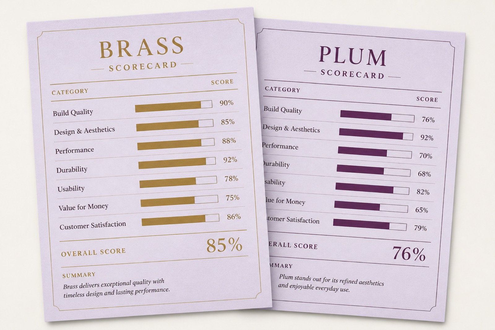 Editorial illustration of comparison scorecards with percentage bars